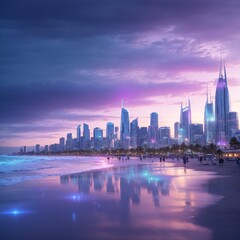 Fototapeta na wymiar beach city skyline at sunset, AI Generated