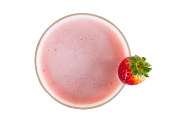 Strawberry yogurt fruit juice smoothie pink colorful fruit juice milkshake blend beverage healthy high protein the taste yummy In glass drink episode morning on white wood background.