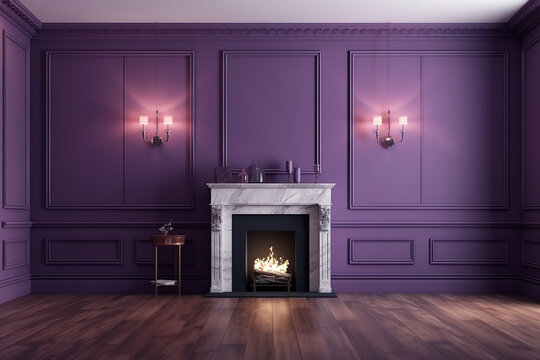 Modern classic purple interior with fireplace, wall panels, wooden floor. 3d render illustration mockup. Generative AI