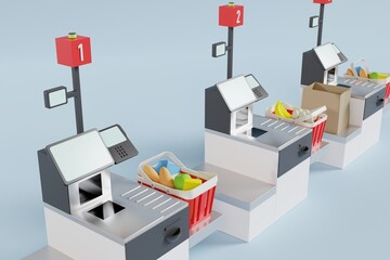 Fototapeta na wymiar isometric view of self checkout machines at supermarket