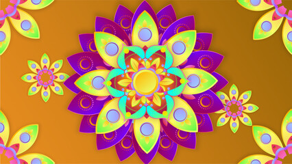 Colorful clay diya lamps with flowers on background