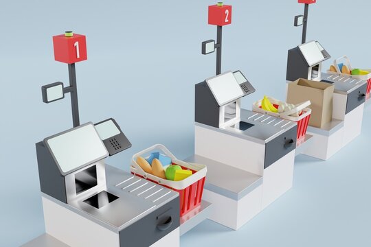 isometric view of self checkout machines at supermarket