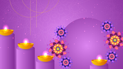 Diwali festival greeting card with colorful rangoli and diya lamp