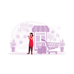 shopping using a smartphone. A woman was standing holding a cell phone shopping. online shopping concept. Trend Modern vector flat illustration