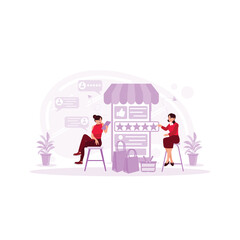The woman who owns a clothing store looks at the sales rating at an online store with one of her employees. Best feedback concept with people scene outline. Trend Modern vector flat illustration