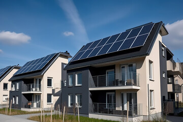 Naklejka premium Newly constructed homes with solar panels on the roof. Generative AI