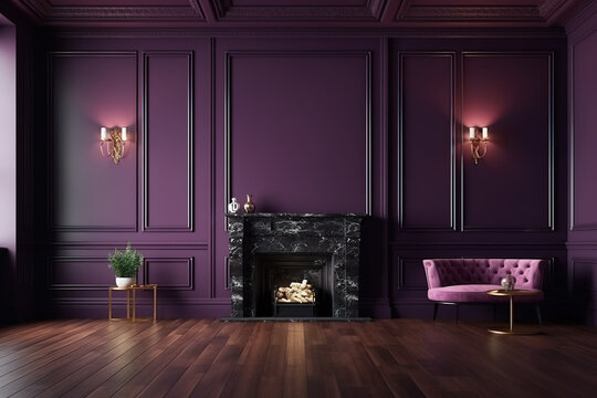Modern classic purple interior with fireplace, wall panels, wooden floor. 3d render illustration mockup. Generative AI