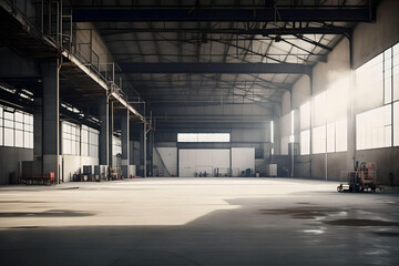 Industrial warehouse interior and light from windows. AI Generated.