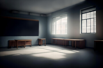 Classroom interior with empty blackboard and rows of desks. AI Generated.