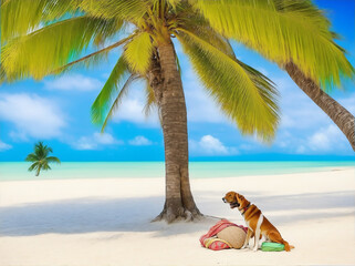 Fototapeta na wymiar beach photo in one coconut tree dog sit in the beach