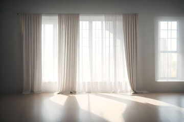 interior of empty room with white curtains and window, AI Generated.