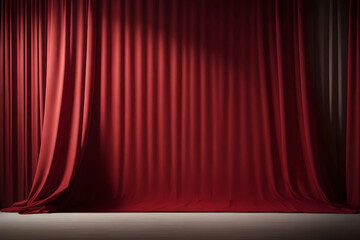 Fototapeta premium Red stage curtain with spotlight and wood floor. Stage background. AI Generated.