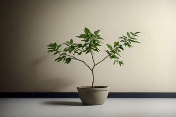 tree in a pot on a gray wall background. AI Generated.