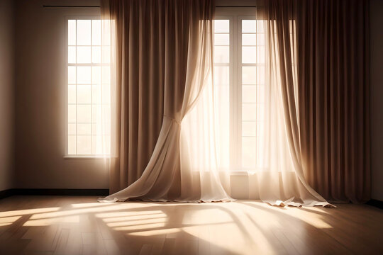 Curtain in the interior with sunset light. AI Generated.