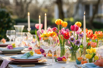 Beautiful Easter Table Setting with Flowers