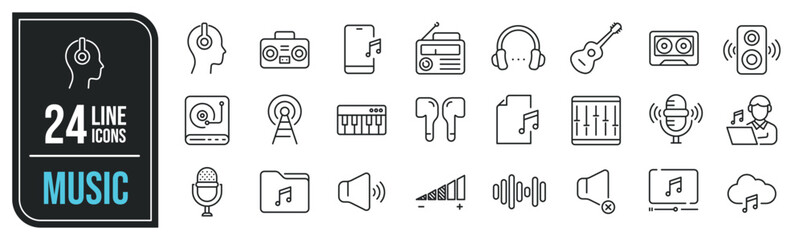 Music simple minimal thin line icons. Related music box, microphone, guitar, music file. Editable stroke. Vector illustration.