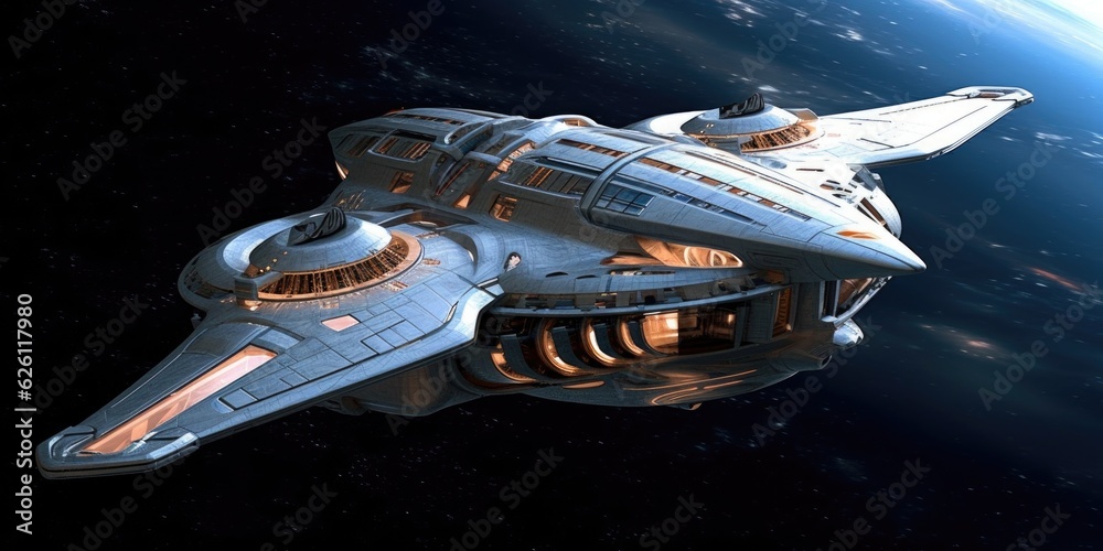 Sticker the advanced and futuristic exploratory science carrier spaceship. generative ai aig27.