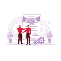 Business people shaking hands Two businessmen are shaking hands in the office. Business people sign official letters while reaching a joint business agreement. Trend Modern vector flat illustration