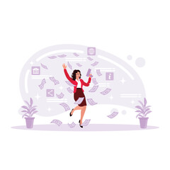 Fototapeta na wymiar Excited woman shooting business dollar gun getting a win. Waste of money by humans. Trend Modern vector flat illustration