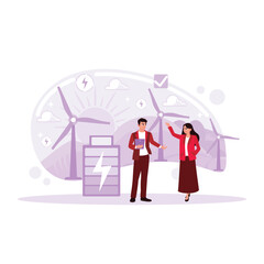 Alternative Clean Energy Concept with Solar Panels, Wind Turbines, and Engineer Characters. Renewable Resources with Windmills. Trend Modern vector flat illustration