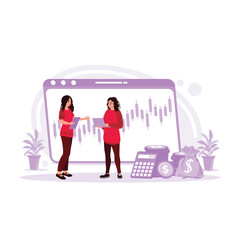 Women entrepreneurs study financial markets to calculate possible risks and returns. woman with a statistical chart pointing at a computer screen. Trend Modern vector flat illustration