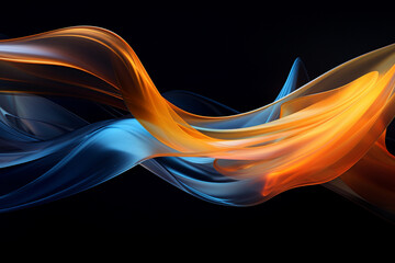 Abstract futuristic background with vivid orange, cyan and blue glowing and bright neon wavy lines of light. Data transfer concept, information flow, technology, created with generative AI technology