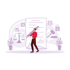 A man holding a large pencil signing an employment contract and weighing scales beside him. Justice and law, lawyers, court judges. Court decision. Trend Modern vector flat illustration