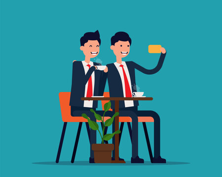 Friends doing selfie in a cafe. Vector illustration couple concept