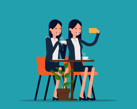 Friends doing selfie in a cafe. Vector illustration couple concept