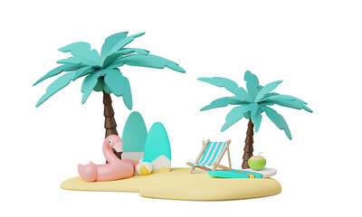 Fototapeta na wymiar Summer elements 3d icon clipart island isolated on white background, Minimal Realistic objects for mock-up with summer theme, beach umbrella, sand, inflatable ring, vacation time to travel.