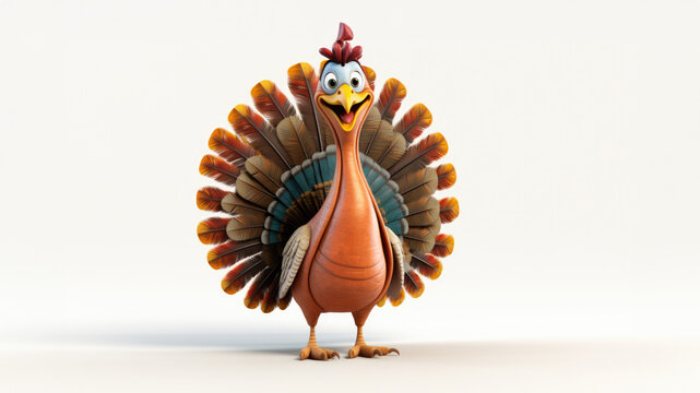 3D Cartoon Thanksgiving Turkey on a White Background, Generative AI