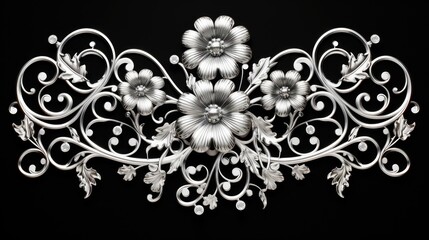 Elegant Silver Filigree on Black: Delicate Floral Metal Design