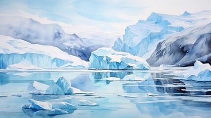 Polar Paradise: Glacier and Iceberg Watercolor Wallpaper - obrazy, fototapety, plakaty