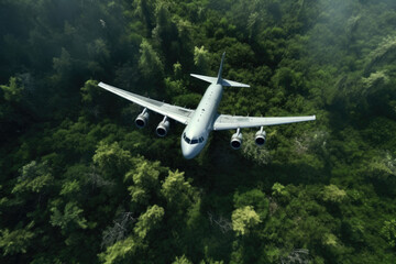 Fototapeta na wymiar Aerial view of White Airplane taking off or flying in the air above green rain forest mountain view, nature landscape, healthy environment area, with Generative Ai.