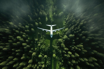 Aerial view of White Airplane taking off or flying in the air above green rain forest mountain view, nature landscape, healthy environment area, with Generative Ai.