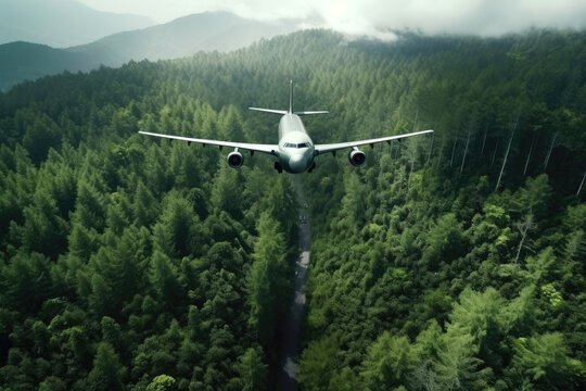 Aerial view of White Airplane taking off or flying in the air above green rain forest mountain view, nature landscape, healthy environment area, with Generative Ai. © TANATPON