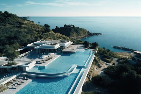 White Mediterranean Modern and luxury Hotel lounge building architecture design concept, summer villa house residence and private with swimming pool and sea view, resort, with Generative Ai.