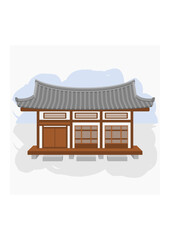 Editable Vector Illustration of Front View Wide Traditional Hanok Korean House Building for Artwork Element of Oriental History and Culture Related Design