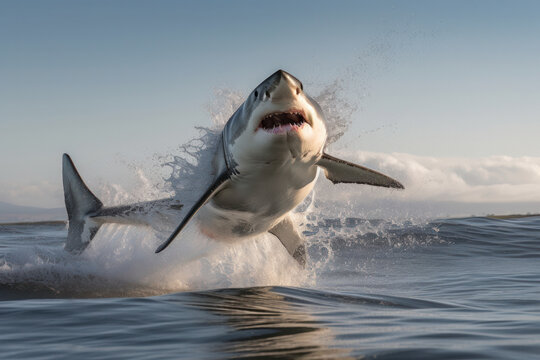 A great white shark jumping out of the water creates a thrilling image of apex predator in action. This marine shot in blue tones is perfect for wildlife and conservation themes. AI Generative.