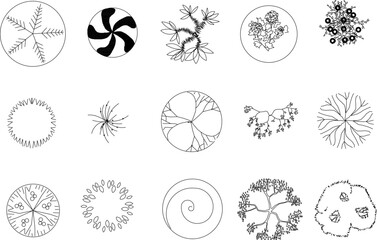 Vector sketch illustration of plant and tree view symbol design for garden fittings seen from above
