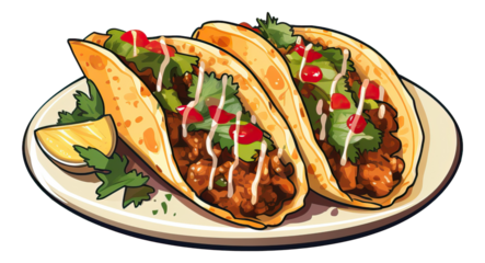 Hand drawn plate of mexican tacos, comic style, isolated illustration.