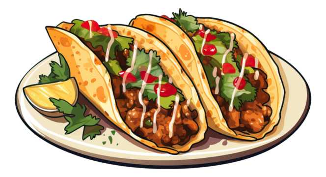 Hand drawn plate of mexican tacos, comic style, isolated illustration.