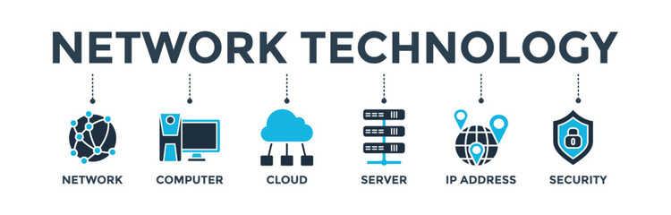 Network technology banner web icon vector illustration concept with icon of network, computer, cloud, server, ip address and security
