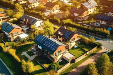 Naklejka premium drone view of residential houses with photovoltaic solar panels. Alternative and Renewable energy concept. generative ai