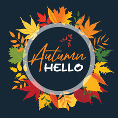 Hello autumn round frame with yellow autumn leaves. Hello autumn vector. Fall design for advertisement, sale banner, greeting cards and social media content. Autumn leaves vector isolated on white.
