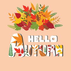 Fototapeta na wymiar Hello autumn vector. Autumn design template for decoration, sale banner, advertisement, greeting card and media content. Autumn element illustration. Autumn leaves flat vector isolated on white.