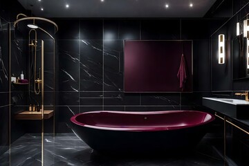 luxury bathroom with bathing tub red background generated by AI tool