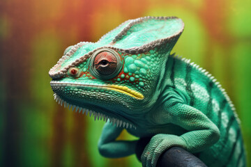 Green colored chameleon close up. Generative AI.