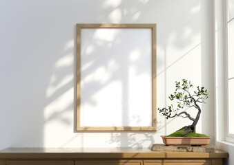 Mockup of a white photo frame in the living room with clipping path. 3d rendering