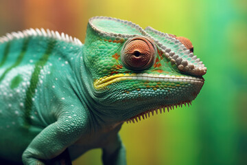 Obraz premium Green colored chameleon close up. Generative AI.